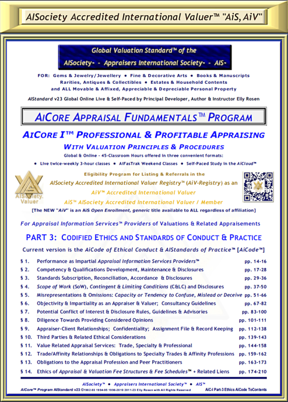 Apr-2023 thru Mar-2024 AiCode v23.1 ToC of the 210-page "Ethics", Part-3 of the AiCore-I™ Personal Property Appraisal & Valuation Principles & Procedures Course. 14 AiCore Ethical Principles™ of The AiCode of Ethical Conduct & AIStandards of Practice™ v23