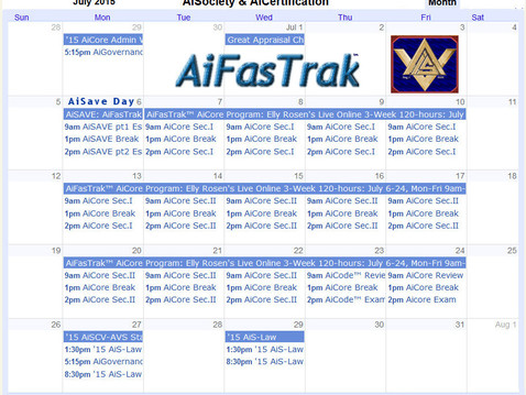 July 6- 24 2015 Calendar for AiFasTrak 3-Week live, online offering of the 120-Hour AiCore Personal Property Appraisal & Valuation Program - Opening 8-hour AiSAVE™ AIS Appraisal & Valuation Essentials