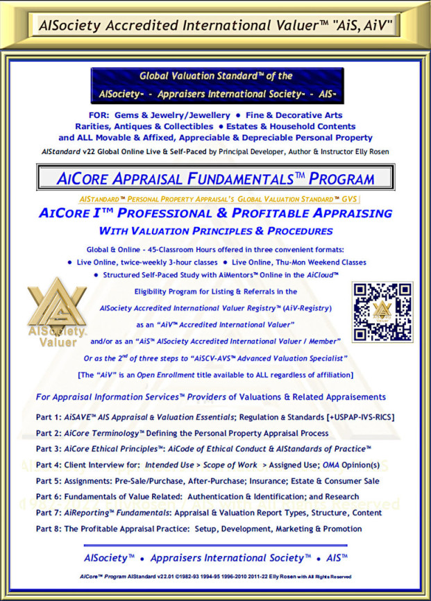 AiCore™ Fundamentals "AiSV, AiV" 2-Course Program of Personal Property Appraising & Valuation to The AIStandard Personal Property Appraisal's 1st, ONLY & TRULY Multi-Specialty, "Global Valuation Standard™"
