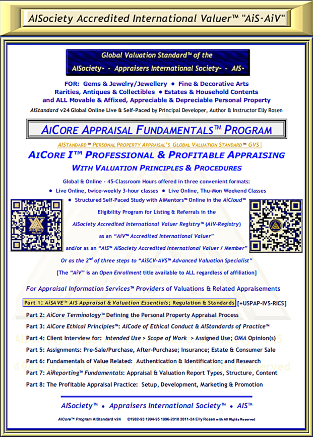 Personal Property Appraisal's 5th-Decade Offerings of the 45-Classroom Hour AiFasTrak™ to THE Global Valuation Standard™ - AiCertification's N E W "AiCore I ™ Appraisal & Valuation Principles & Procedures" Course for "AiS™" Eligibility