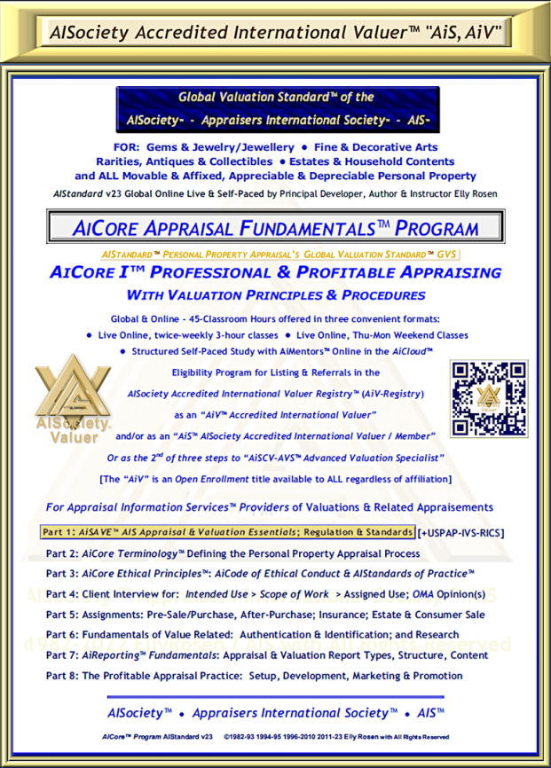 Personal Property Appraisal's 5th-Decade Offerings of the 45-Classroom Hour AiFasTrak™ to THE Global Valuation Standard™. AiCertification's "AiCore-I™ Professional & Profitable Appraising with Valuation Principles & Procedures"