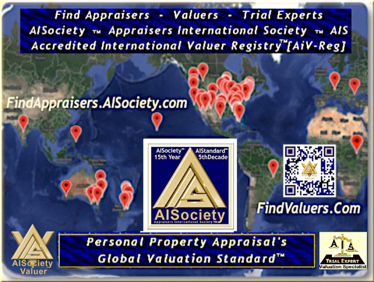 AISociety Accredited International Valuer Registry™ [AiV-Registry™] of Global AiCore Appraisers Valuers Trial-Experts. In AISociety's 15th-Year and in IAStandard's 5th-Decade, the GLobal AiCore are now in 10-countries of 6-continents.