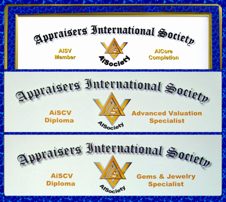 AISociety's Triple-Crown Personalty Appraisal AiCertification Program: AiSV Certificate and AiSCV-AVS & AiSCV-GJS Diploma Titles for Advanced Valuation Specialist & Gems & Jewelry/Jewellery Specialist